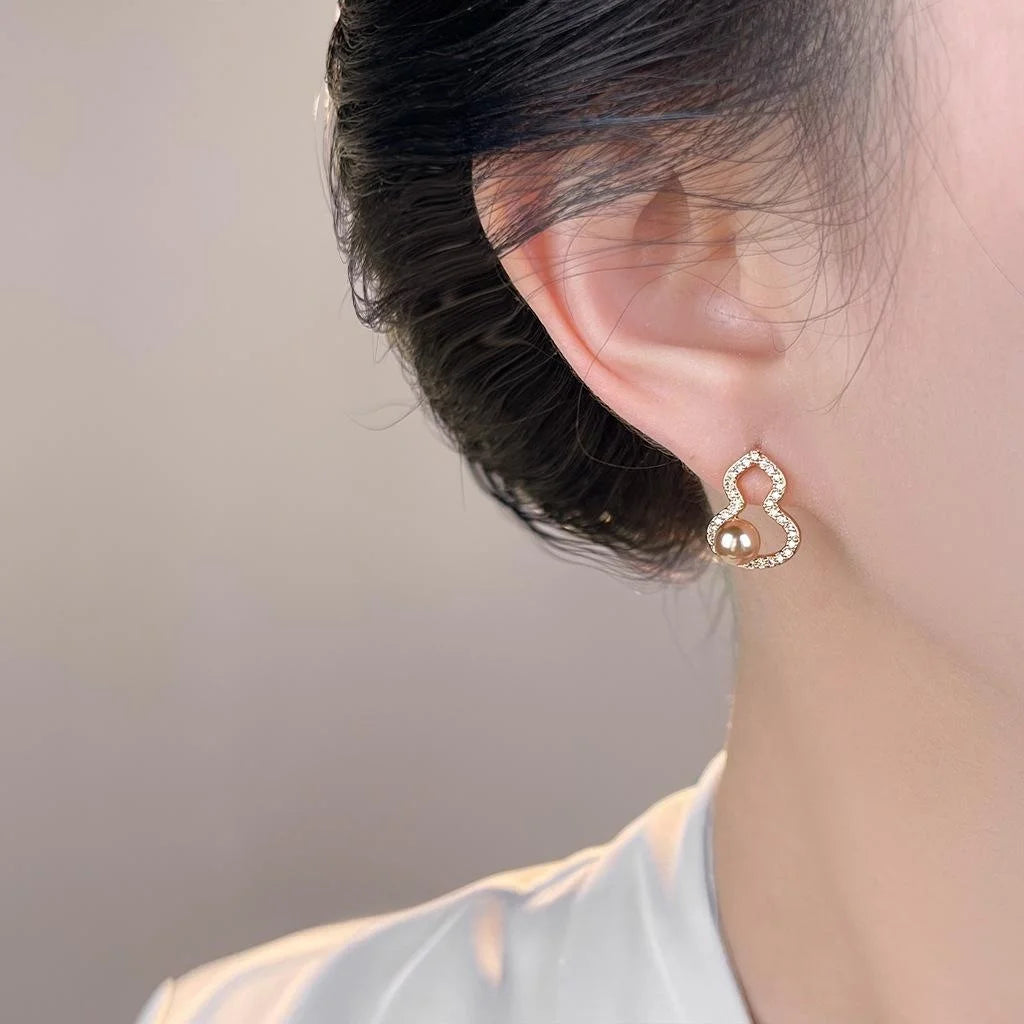 Light Luxury Copper Gourd Stud Earrings With Micro Pave Zircon, Pearl Accent