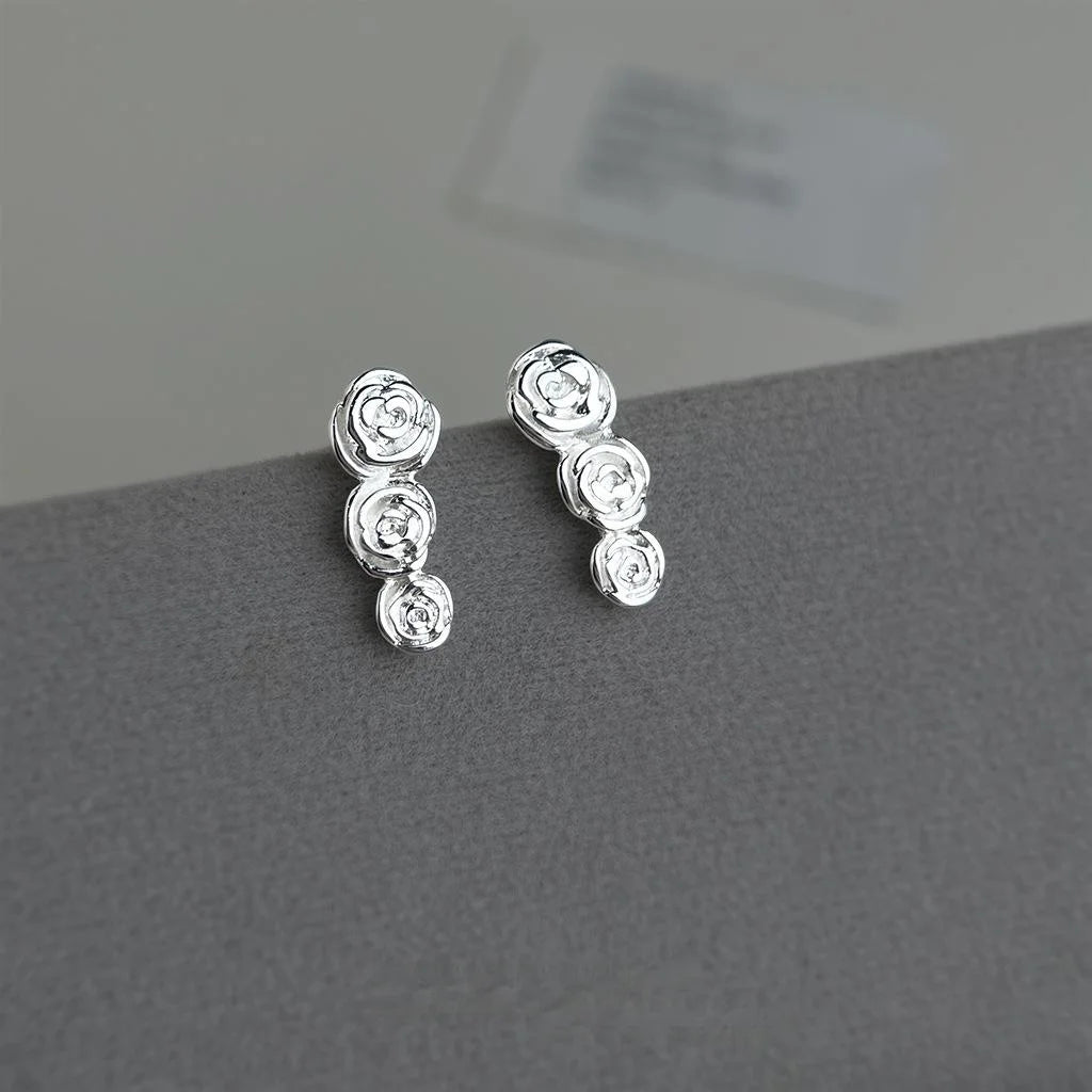 New Chinese Style Silver Rose Stud Earrings Eco-Friendly Copper 3D Floral Minimalist Jewelry