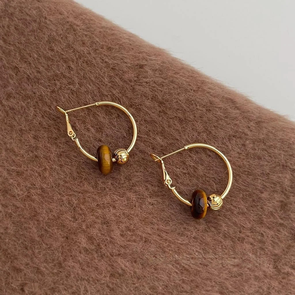 Vintage Tiger Eye Stone Copper Hoop Earrings Geometric Round Line Design