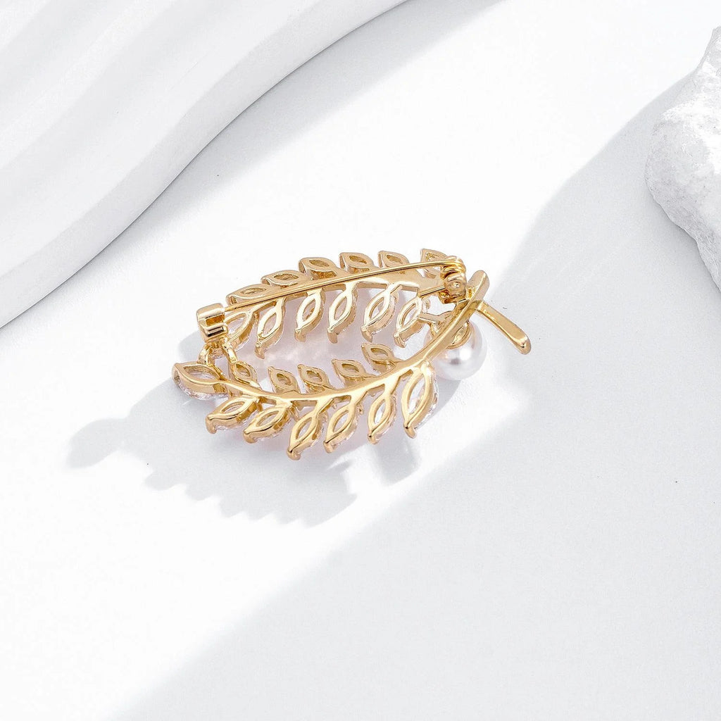 Luxury Wheat Ear Branch Brooch With Rhinestone And Pearl, Elegant Gold Alloy Lapel Pin Suit Accessory Gift