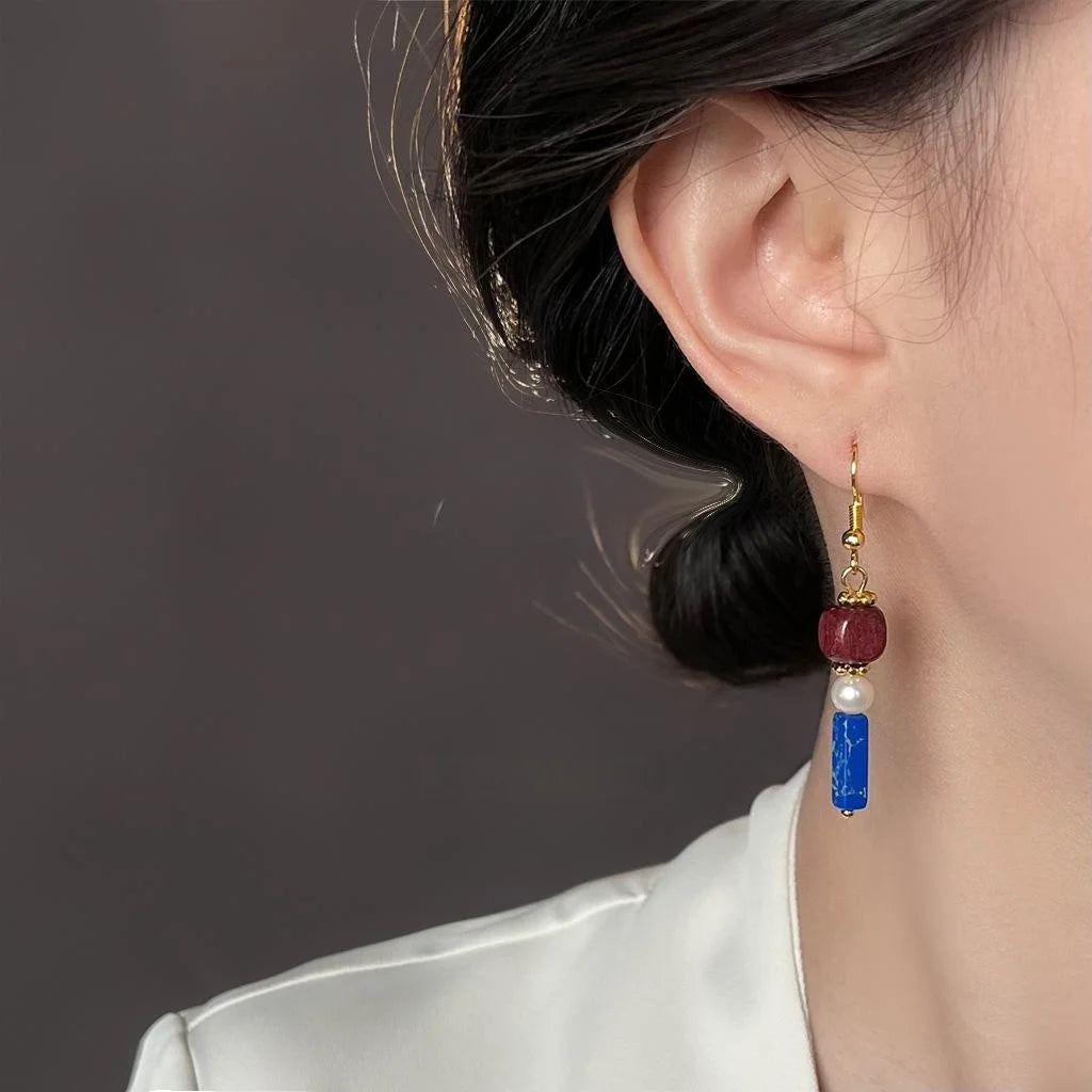 Vintage Ethnic Handmade Geometric Drop Earrings With Freshwater Pearls And Synthetic Imperial Jasper