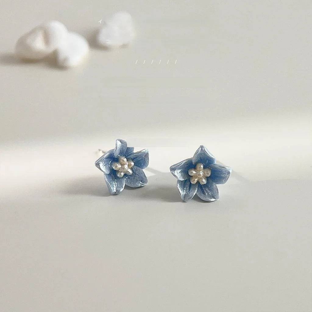 Klein Blue Resin Flower Stud Earrings With Silver Plated Pins, Sweet Korean Japanese Style