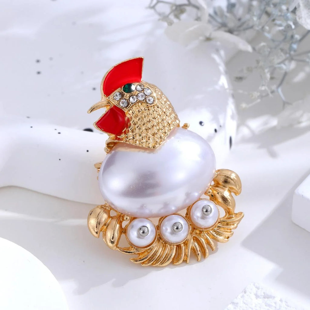 Vintage Pearl Rooster Brooch With Red Enamel And Rhinestone Accents, Elegant Women's Lapel Pin Gift