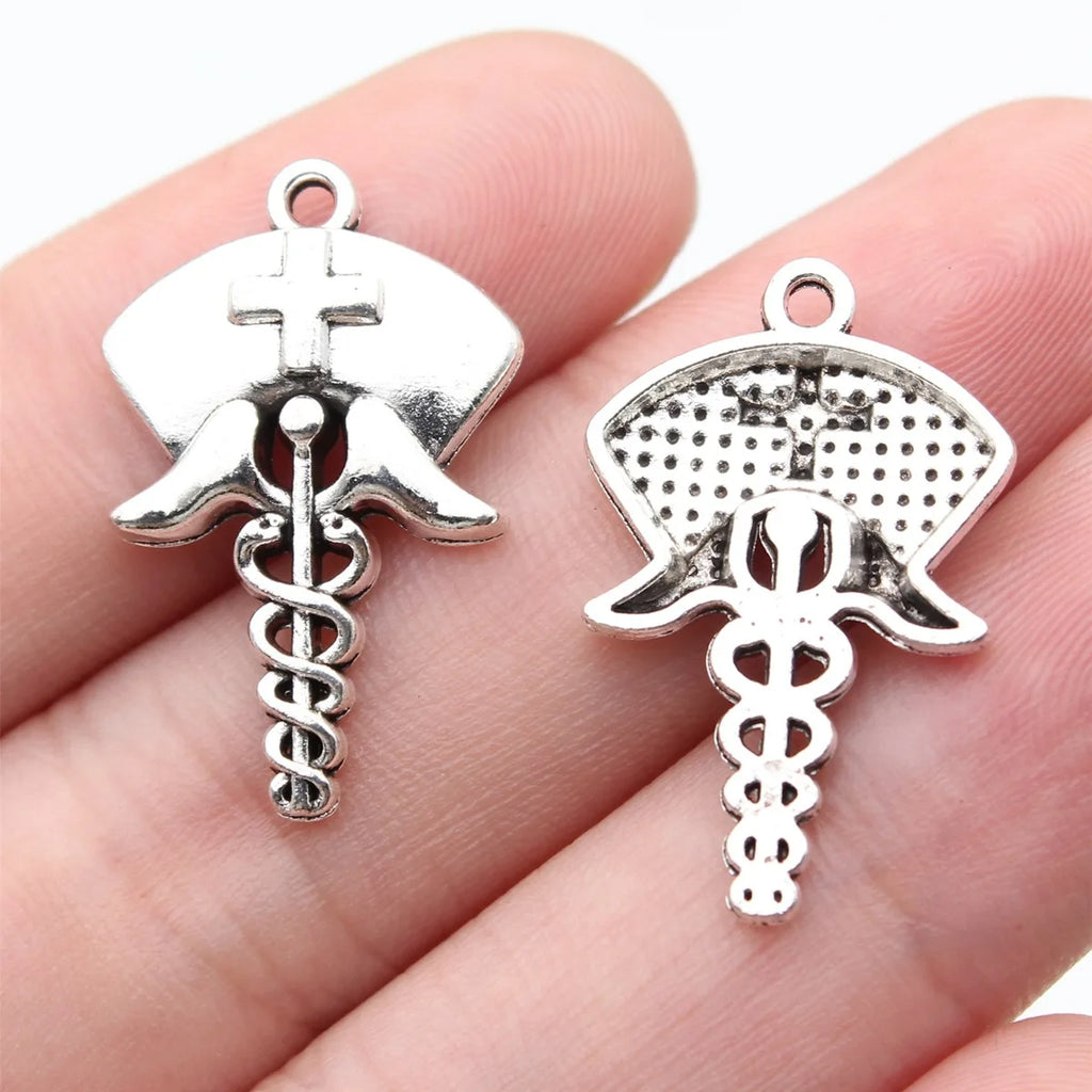 25x16mm 1.5g Antique Silver Zinc Alloy Nurse Hat Caduceus Nurse Cap Charm Pendant for Medical Jewelry