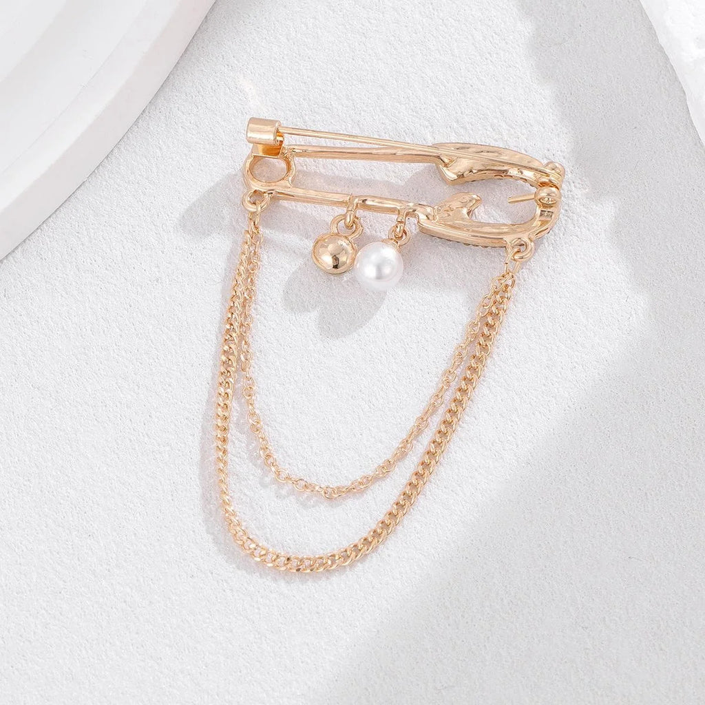 Elegant Gold Alloy Safety Pin Brooch With Rhinestone Pearl Drops And Chain, Women's Lapel Pin Gift
