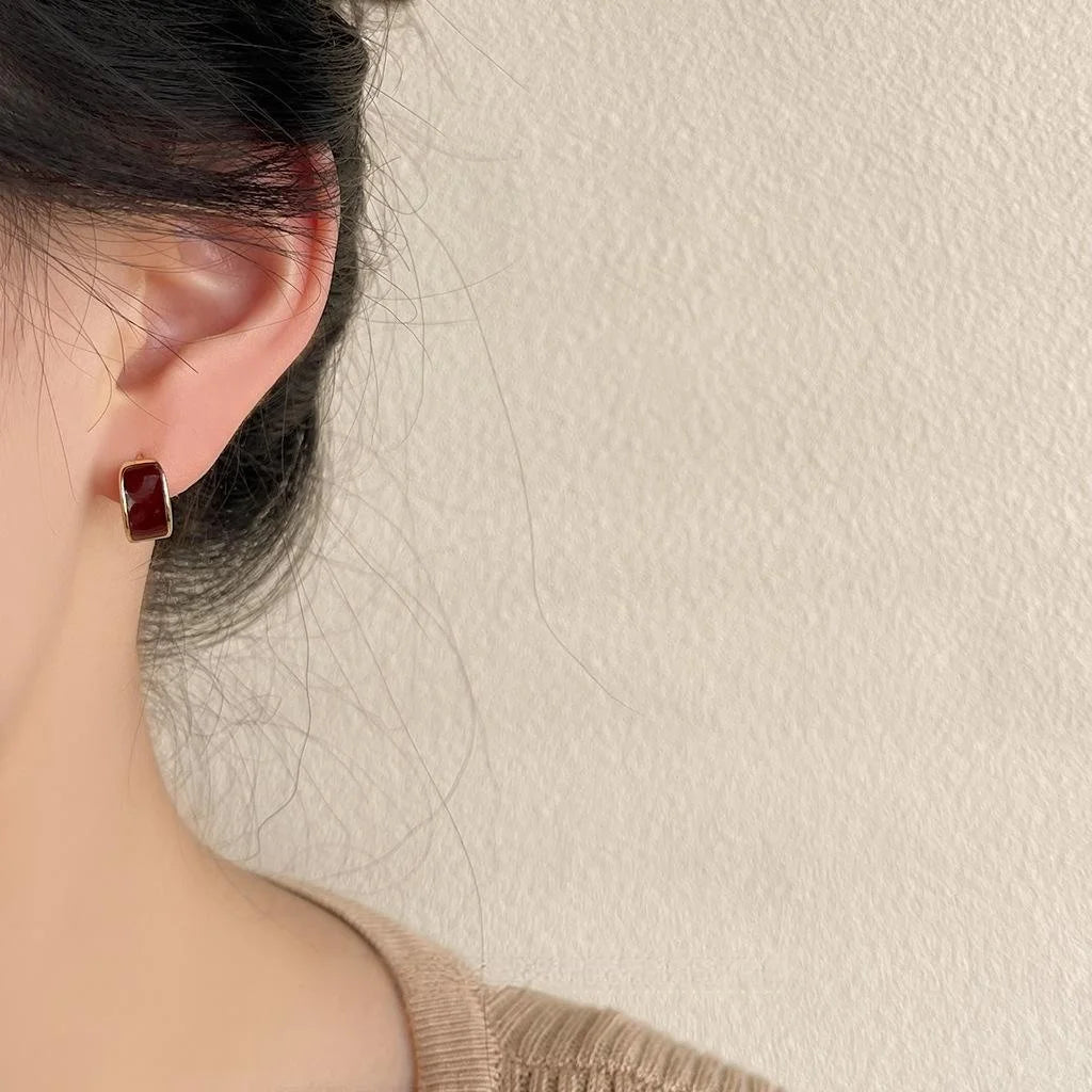 Vintage Hong Kong Style Burgundy Enamel 14K Gold Plated Copper Geometric Stud Earrings