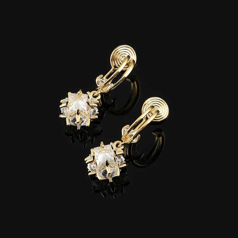 Luxury Spiral Disc Zircon Drop Stud & Clip On No Piercing Gold Alloy Sparkling Ball Dangle Earrings