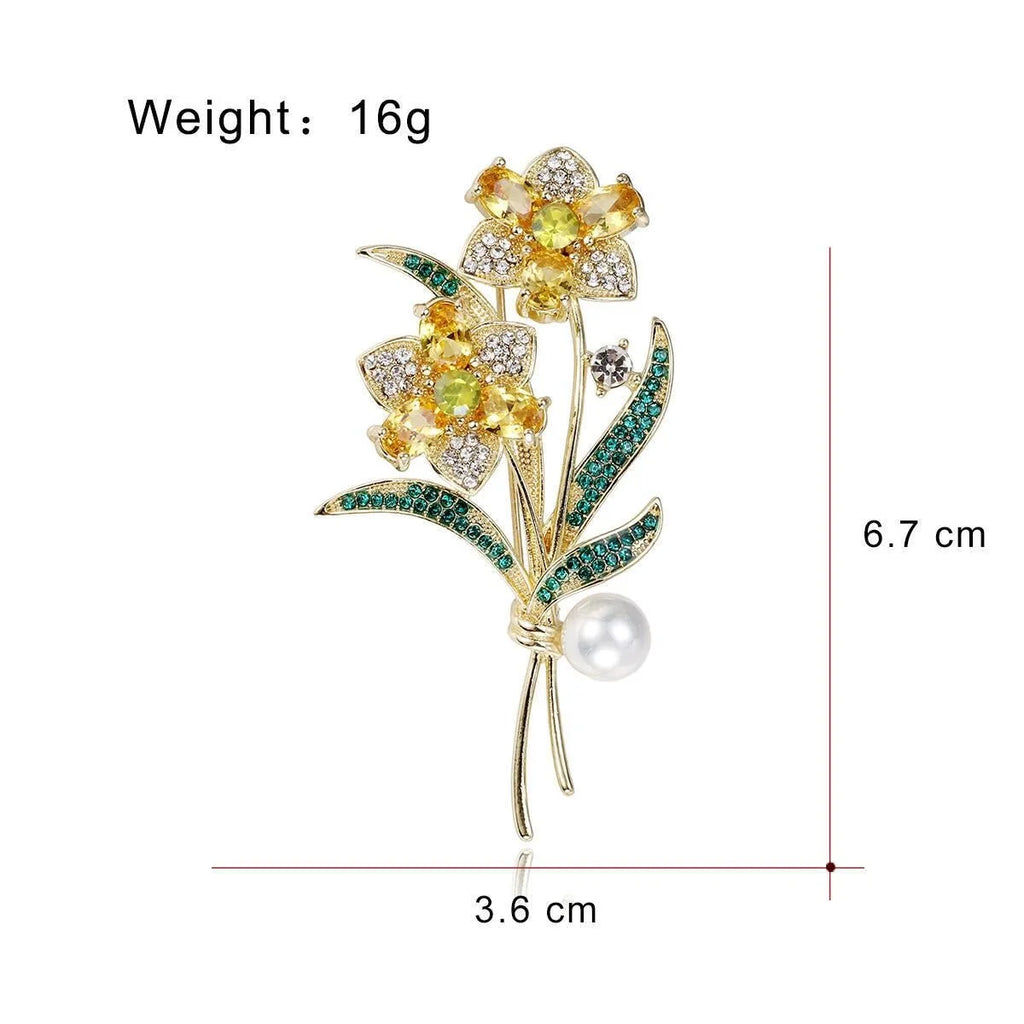 Elegant Rhinestone Yellow Flower Bouquet Brooch With Faux Pearl, Green Leaf Lapel Pin Suit Accessory Gift