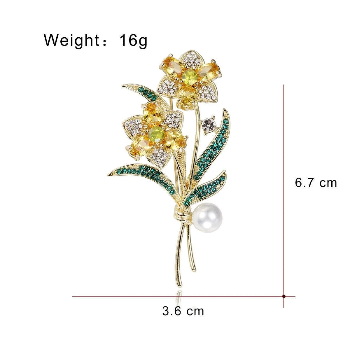 Elegant Rhinestone Yellow Flower Bouquet Brooch With Faux Pearl, Green Leaf Lapel Pin Suit Accessory Gift