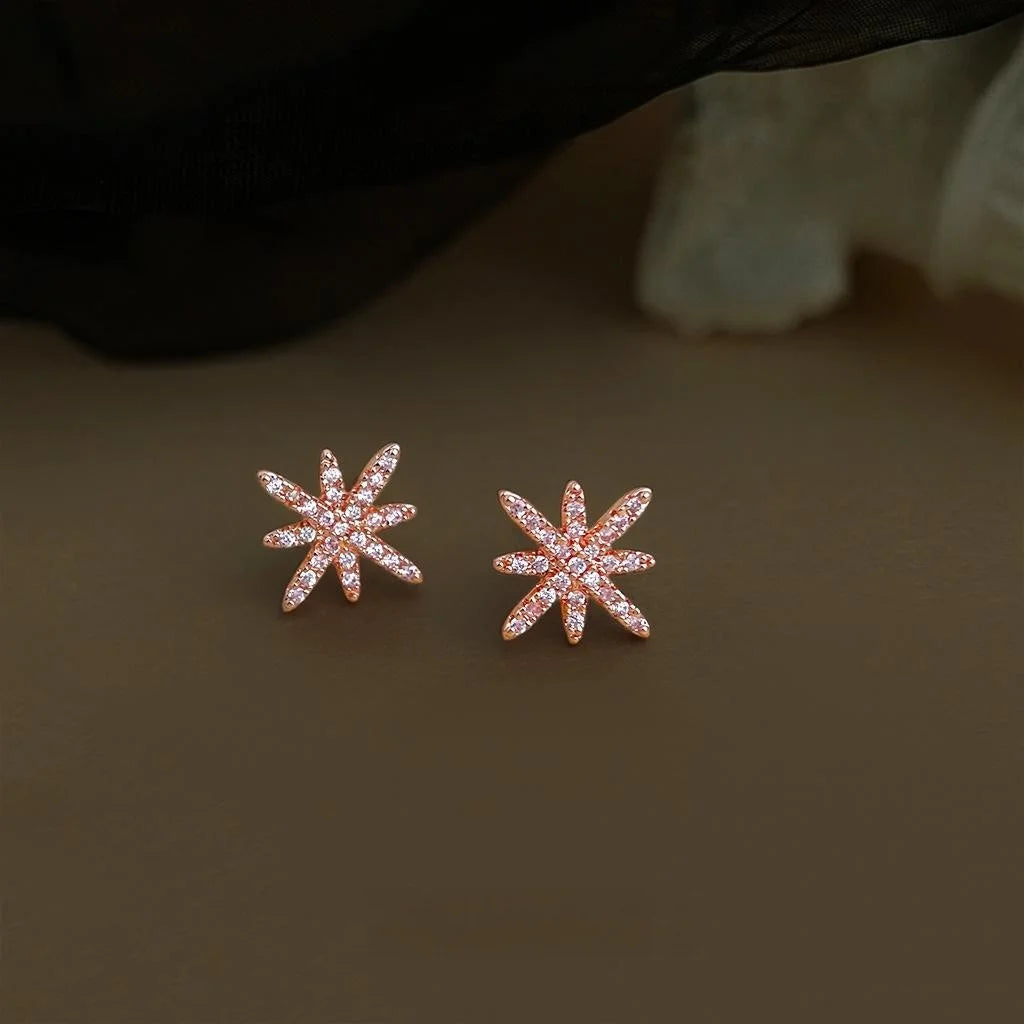 Rose Gold Copper Zircon Eight Point Star Stud Earrings Minimalist Snowflake Design for Women