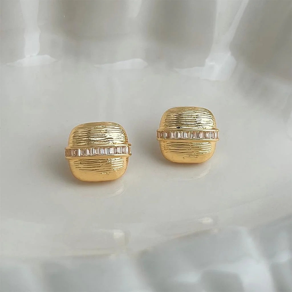Vintage French Style Textured Square Copper Stud Earrings With Micro Pave Zircon For Women