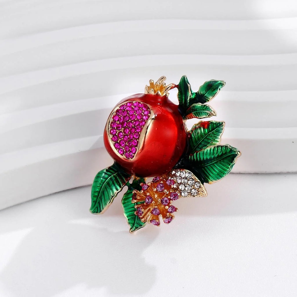 Elegant Enamel Pomegranate Fruit Brooch With Rhinestone Seeds And Green Leaves, Women's Lapel Pin Gift