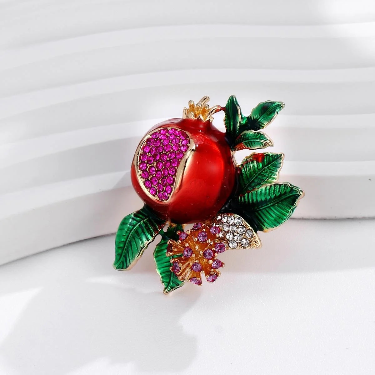 Elegant Enamel Pomegranate Fruit Brooch With Rhinestone Seeds And Green Leaves, Women's Lapel Pin Gift