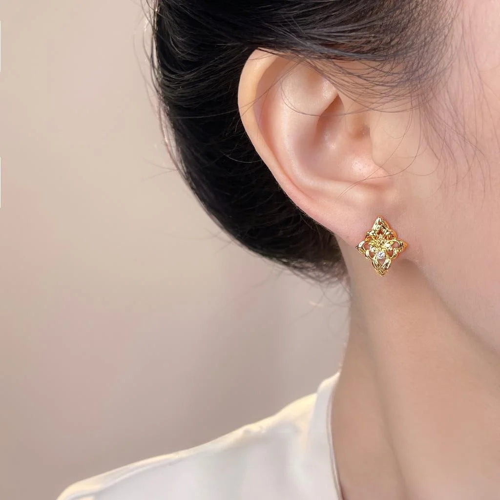 Iris Flower Geometric Zircon Copper 14K Plated Luxury Stud Earrings
