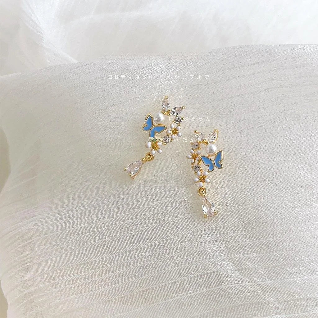 Forest Style Copper Pearl Zircon Butterfly Flower Drop Earrings For Women