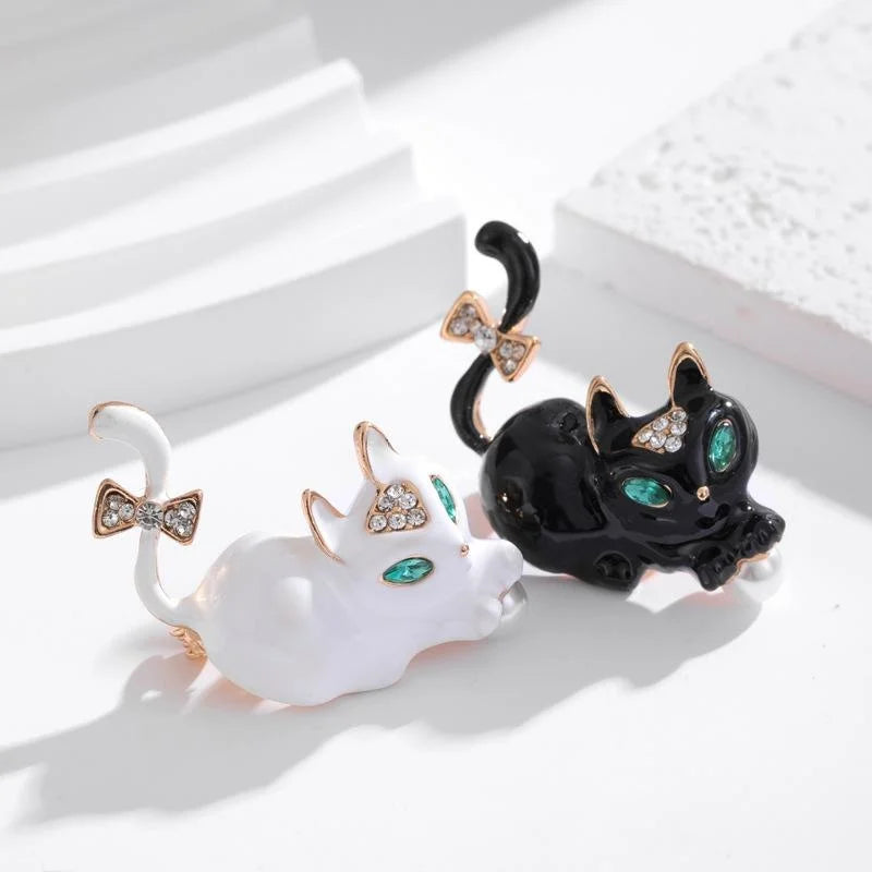 Cute Black Enamel Cat Brooch With Rhinestone Bow And Green Crystal Eyes, Vintage Lapel Pin Gift
