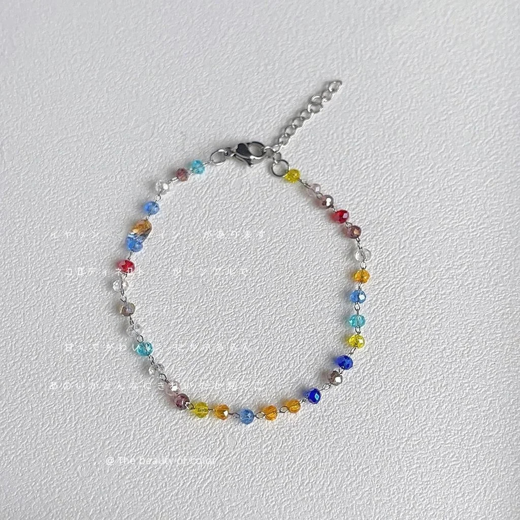 Japanese Korean Style Rainbow Glass Crystal Beaded Steel Tassel Bracelet For Women