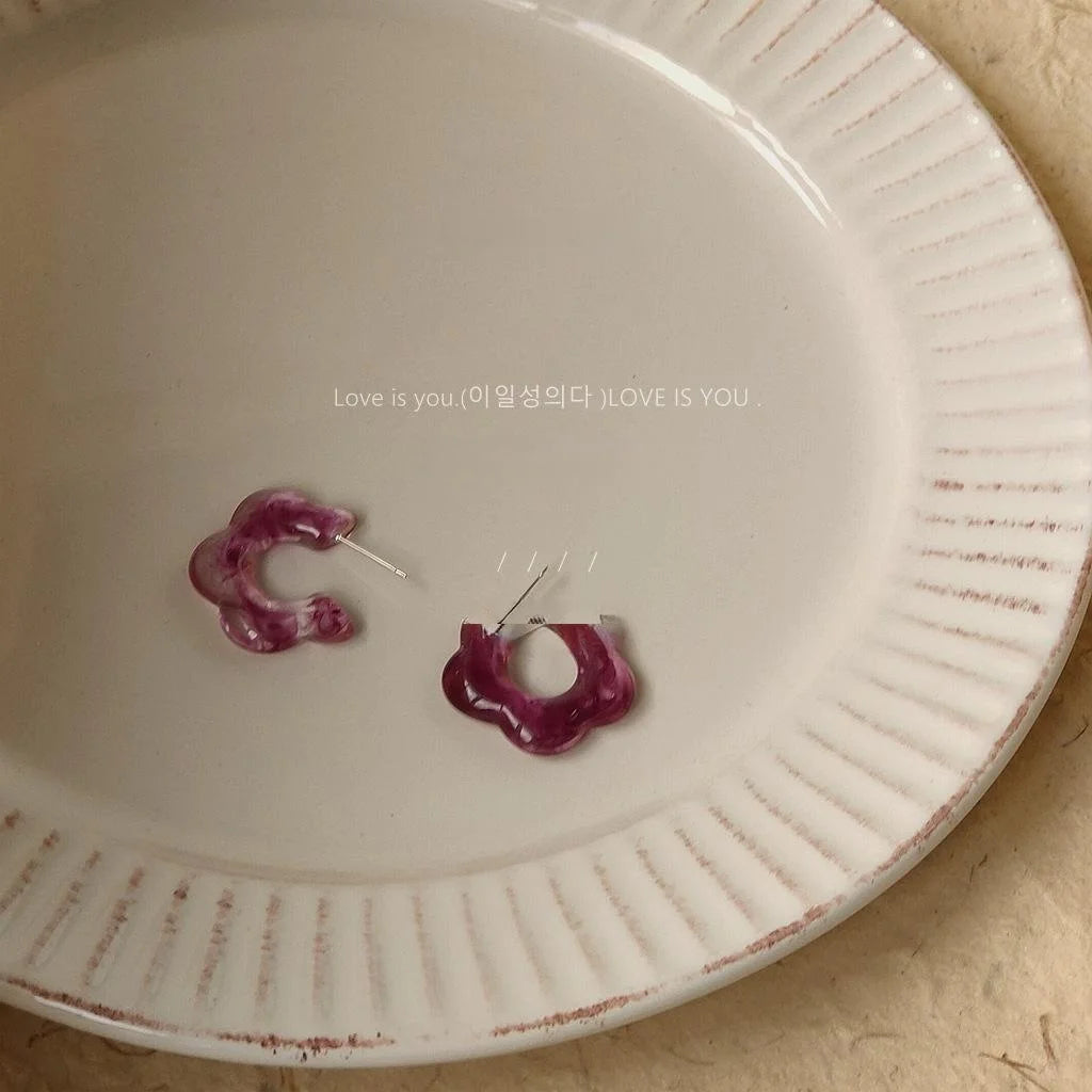 Silver Plated Grape Purple Resin C-Shaped Stud Earrings For Women Elegant Jewelry