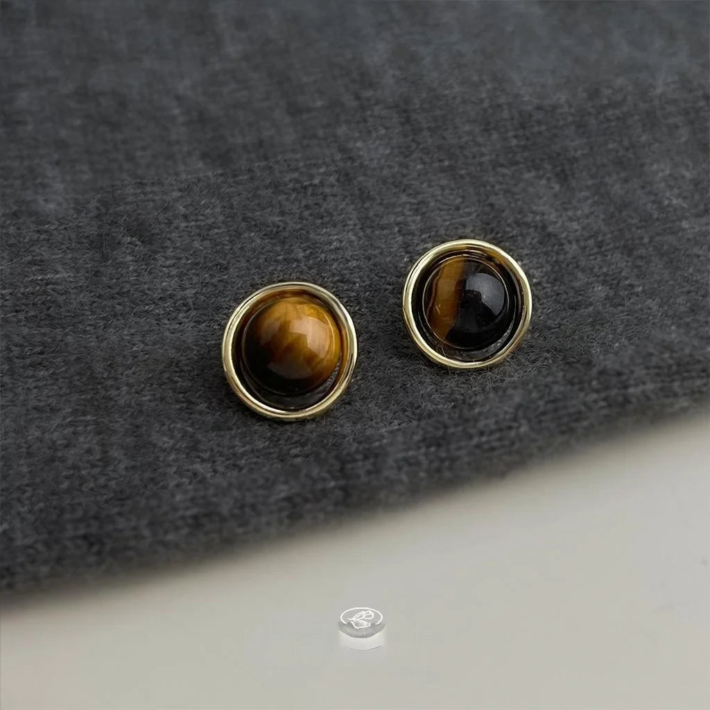 Natural Tiger Eye Stone Round Geometric Line Stud Earrings Vintage Maillard Style Jewelry