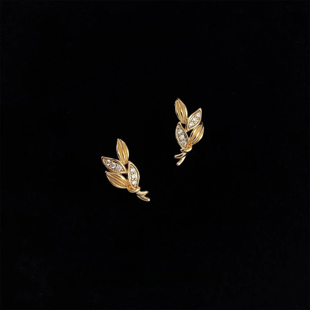 Simple Copper Zircon Wheat Ear Leaf Stud Earrings, Micro Pave Dainty Gift Jewelry