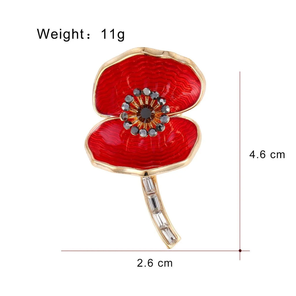 Elegant Red Enamel Poppy Flower Brooch With Rhinestone Center, Women's Alloy Lapel Pin Suit Corsage Gift