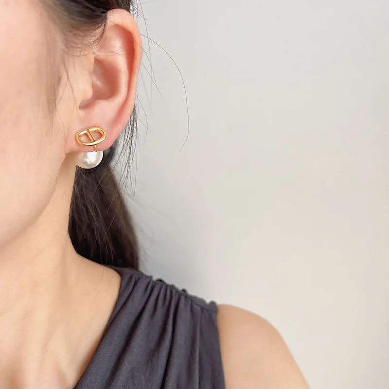 Elegant Gold Alloy Spiral Disc Letter Charm Large Pearl Stud & Clip On No Piercing Earrings