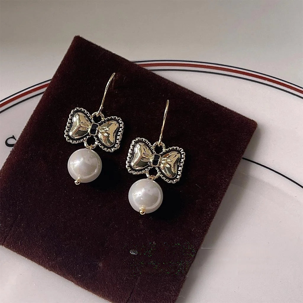 Handmade Antique Blackened Copper Bow Pearl Drop Earrings Elegant Commuter Jewelry