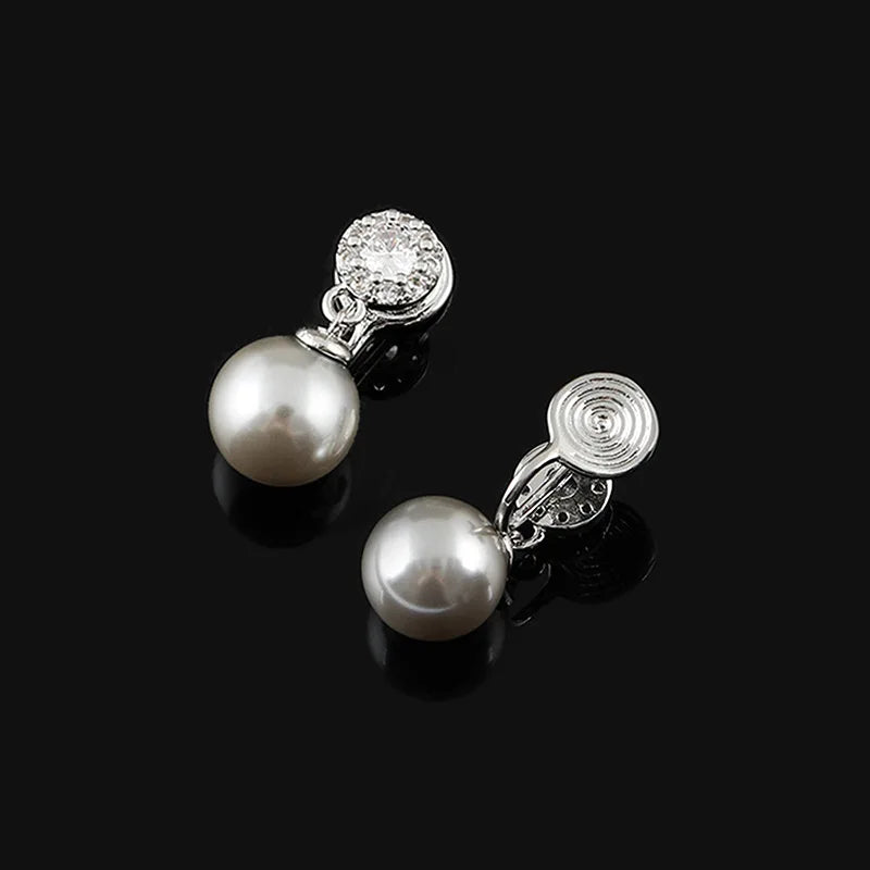 Elegant Silver Gray Pearl Drop With Rhinestone Halo Alloy Stud & Clip On No Piercing Bridal Earrings