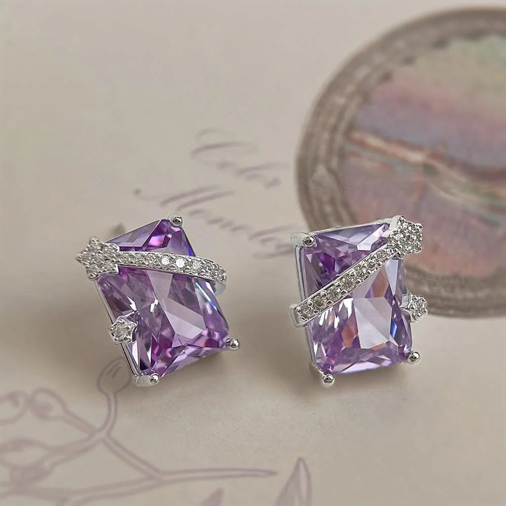 Sparkling Rectangular Purple Zircon Copper Stud Earrings Light Luxury