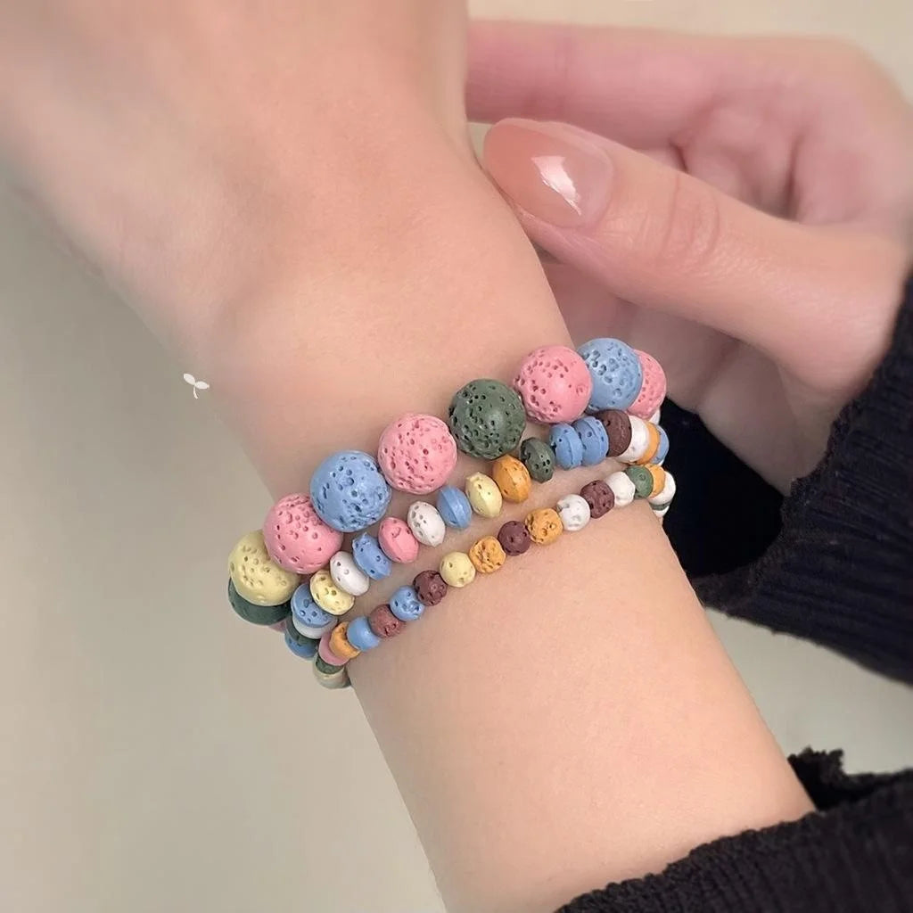 Genuine Volcanic Stone Colorful Sweet Geometric Bead Bracelet For Women