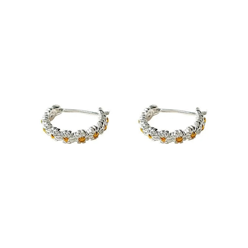 Forest Style Silver Daisy Round Copper Hoop Earrings For Daily Commute