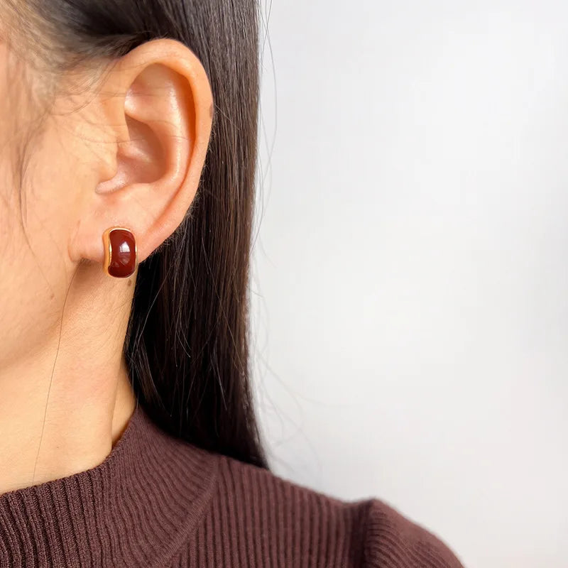 Elegant Red Enamel Geometric Rectangle Alloy Stud & Clip On No Piercing Minimalist Earrings