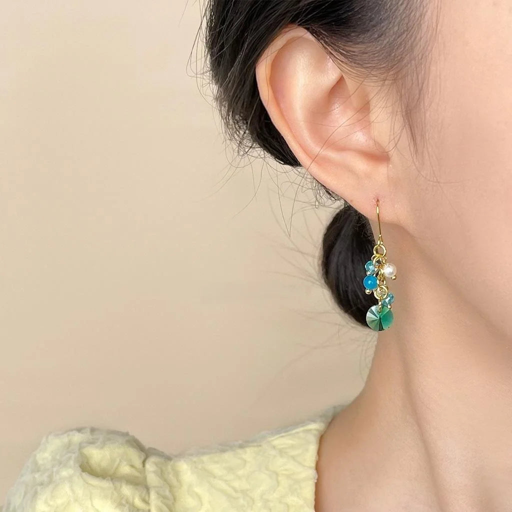 Vacation Style Ocean Blue Glass Crystal Agate Pearl Geometric Round Drop Earrings