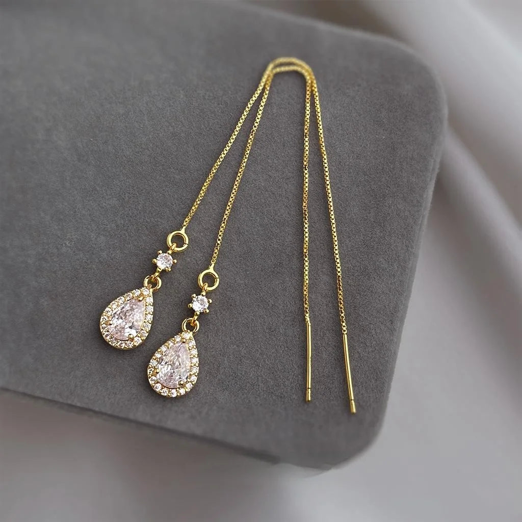 Eco-Friendly Copper Zircon Teardrop Drop Earrings, Long Minimalist Geometric Commuter Jewelry