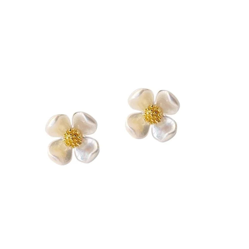 14K Gold Plated White Resin Flower Stud Earrings For Women Style Jewelry