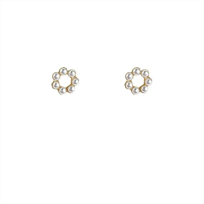 14K Gold Plated Copper Pearl Round Hollow Geometric Stud Earrings Simple Fresh Style