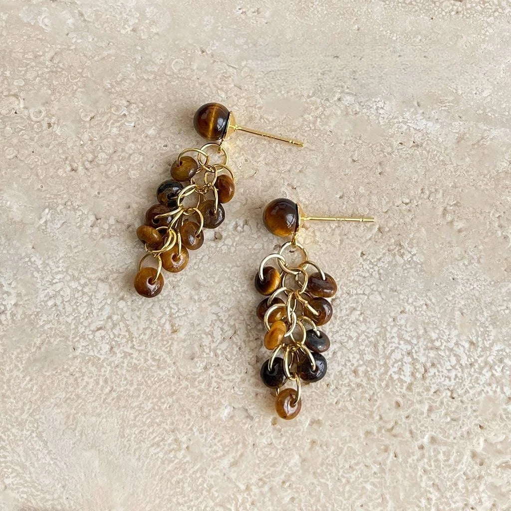 14K Gold Plated Tiger Eye Natural Stone Tassel Drop Earrings Maillard Vintage Designer Jewelry