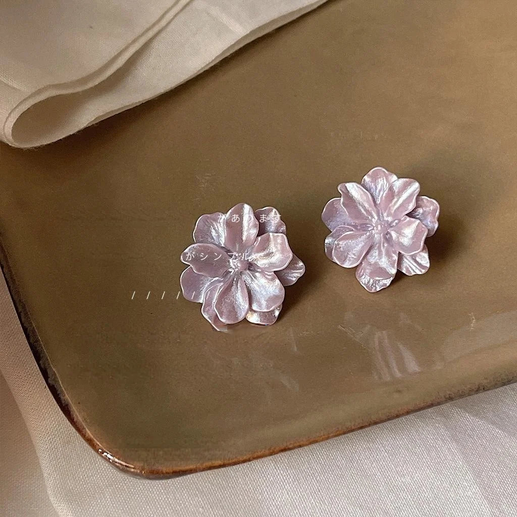Forest Style Purple Resin Flower Stud Earrings With Silver Plated Pins For Women