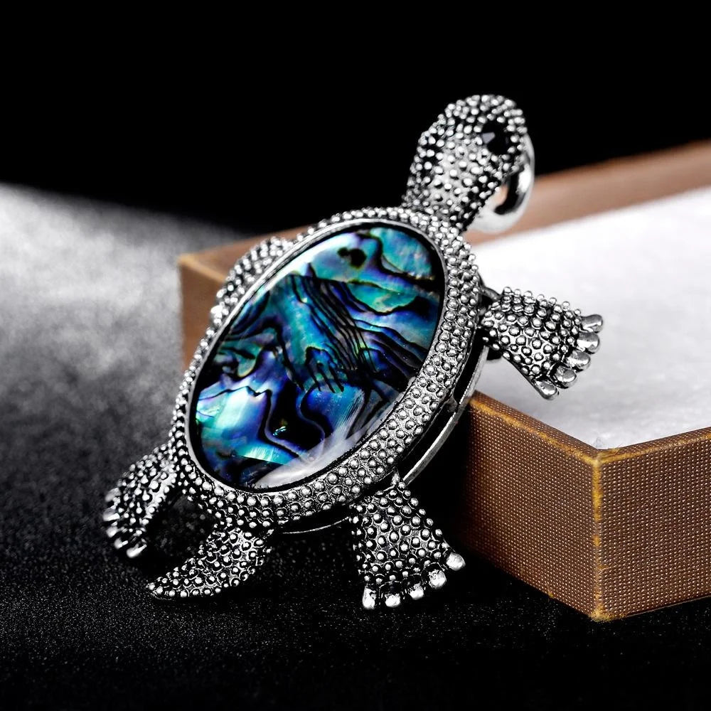Vintage Turtle Brooch With Rhinestone Alloy Frame And Mother Of Pearl Shell, Elegant Lapel Pin Suit Accessory
