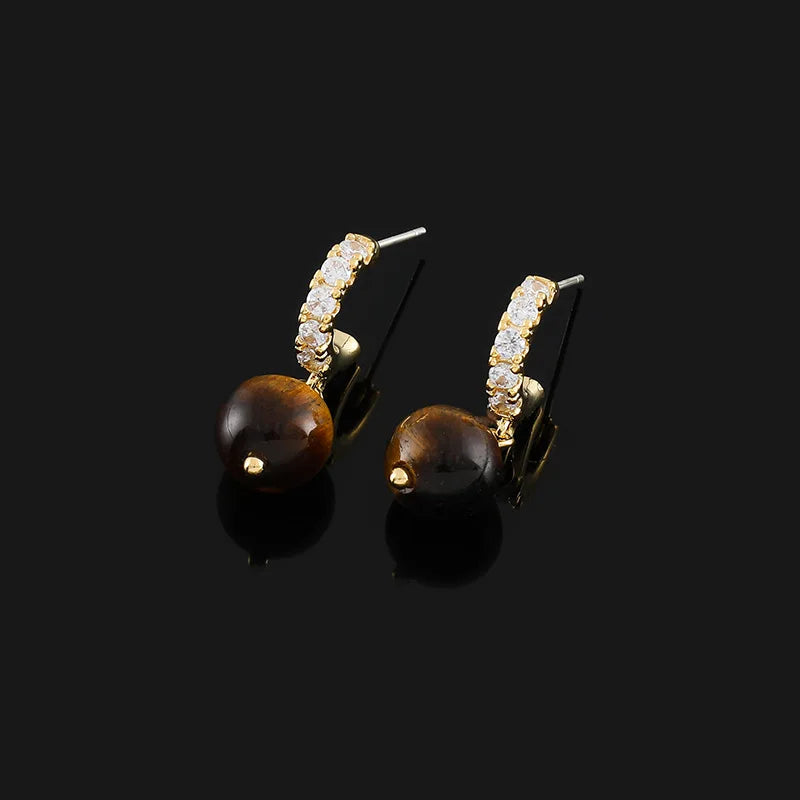 Vintage Tiger Eye Stone Bead Dangle Stud & Clip On No Piercing Zircon Spiral Disc Luxury Earrings