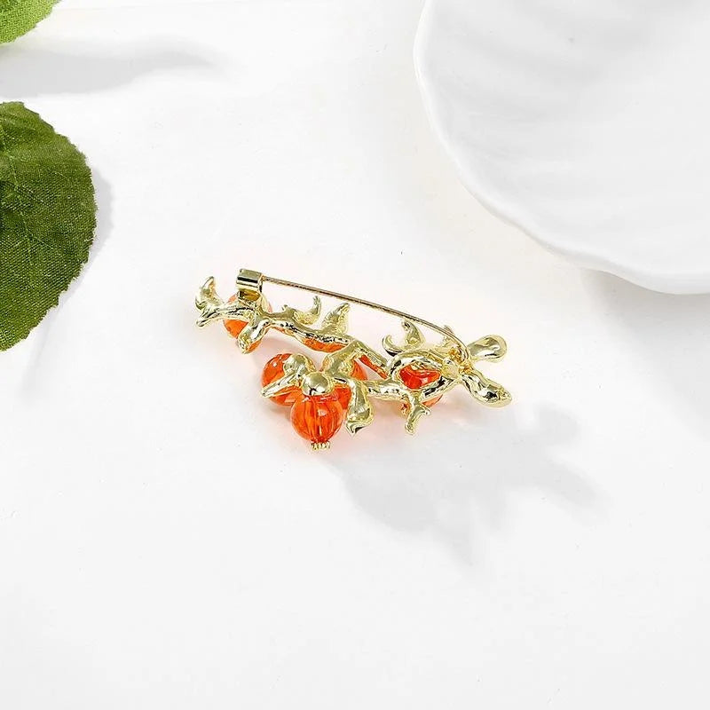 Vintage Persimmon Branch Brooch With Enamel Leaves And Rhinestones, Elegant Alloy Lapel Pin Suit Accessory