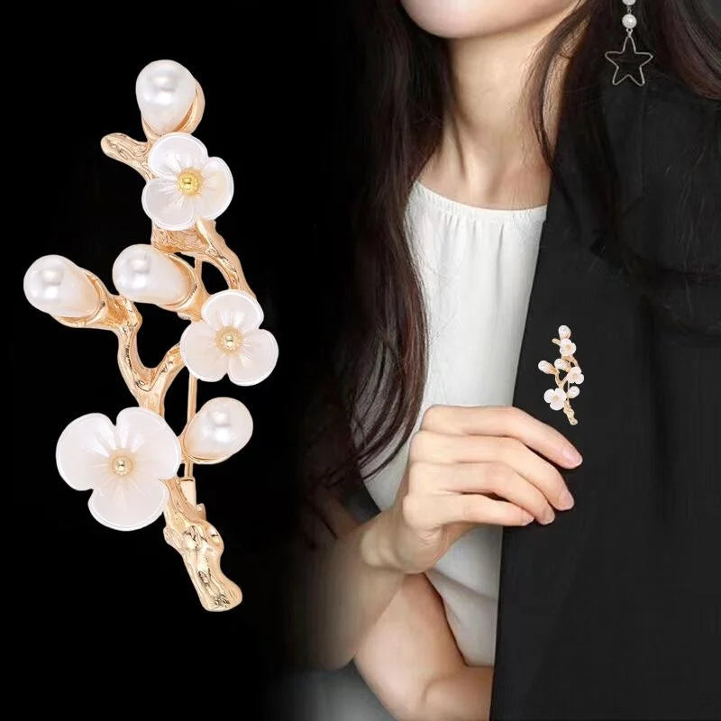 Elegant Mother Of Pearl Flower Branch Brooch With Faux Pearls, Gold Alloy Lapel Pin Suit Accessory Gift