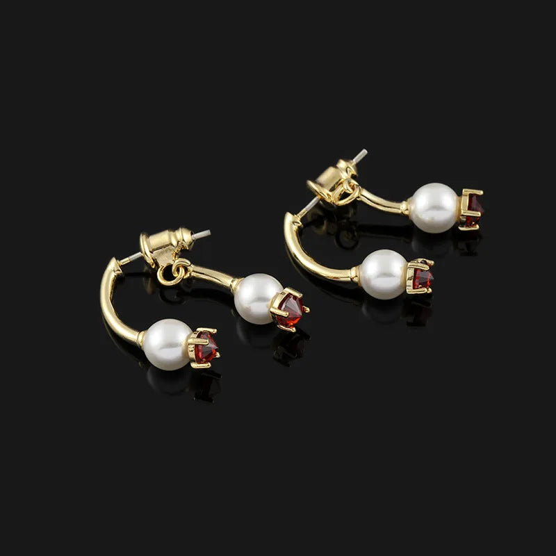 Elegant Spiral Disc Back Hanging Pearl Red Crystal Stud & Clip On No Piercing Hoop Earrings
