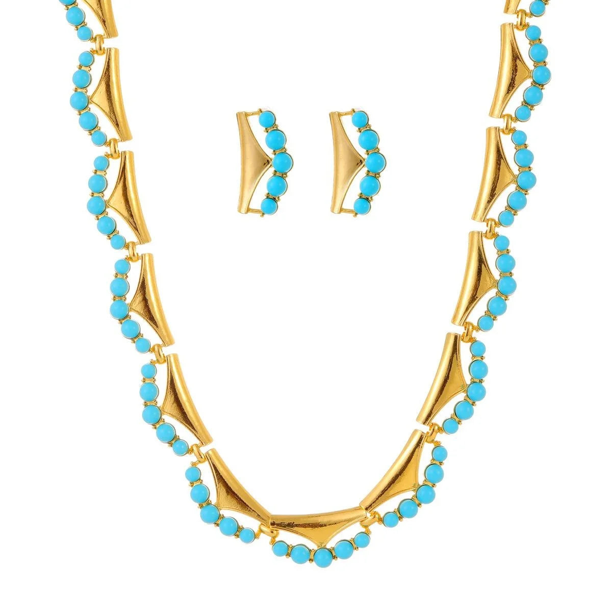Vintage Gold Alloy Turquoise Bead Earrings Necklace Jewelry Set Elegant Bridal Jewelry For Wedding Party Gift