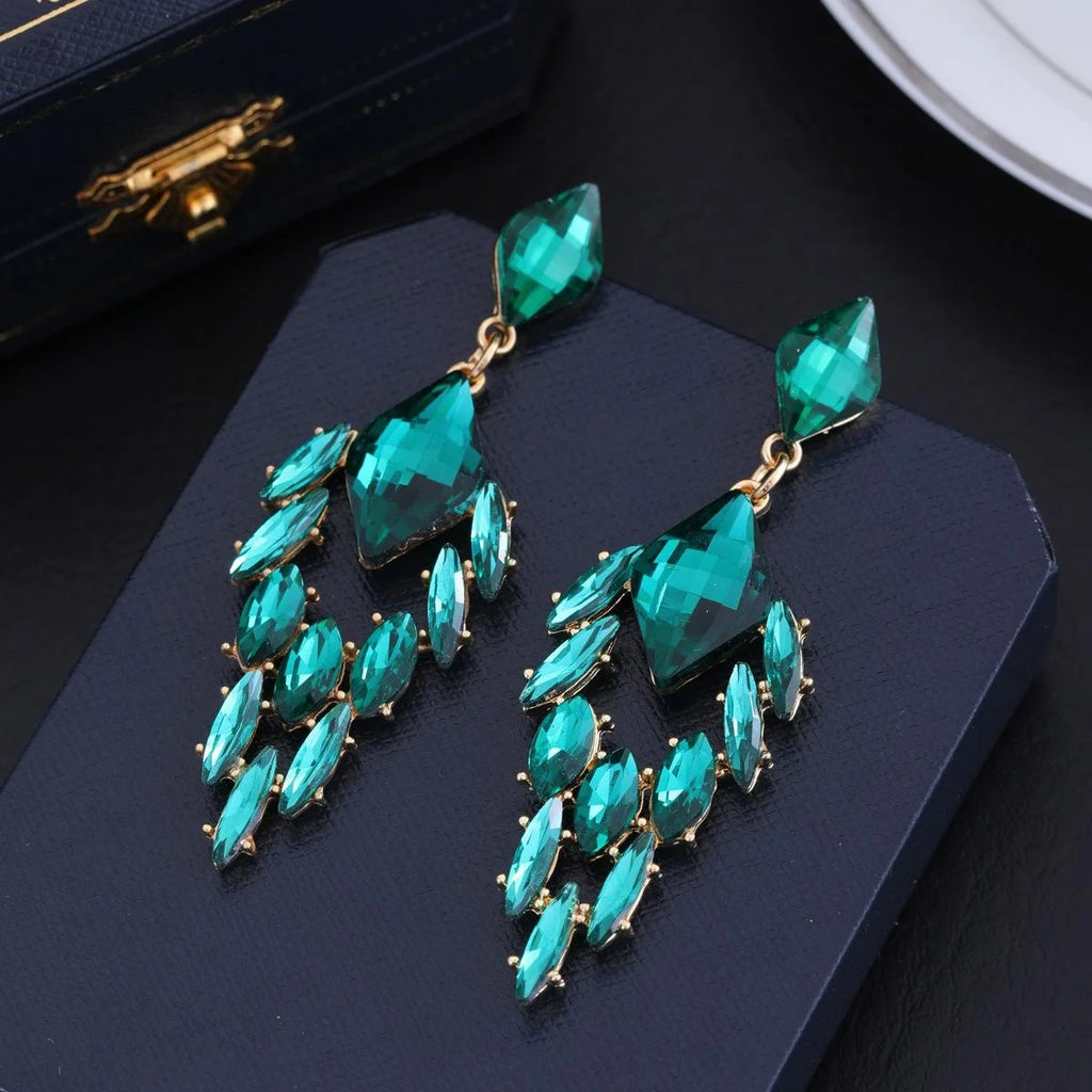 Vintage Luxury Green Crystal Geometric Chandelier Earrings, Alloy Rhinestone Dangle Jewelry For Wedding Party