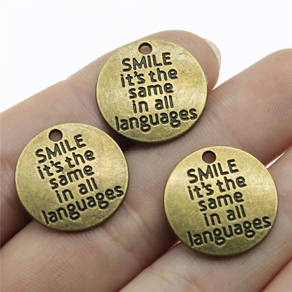 20mm 1.8g Zinc Alloy Smile Is The Same In All Languages Round Letter Charm Pendant for DIY Jewelry Making
