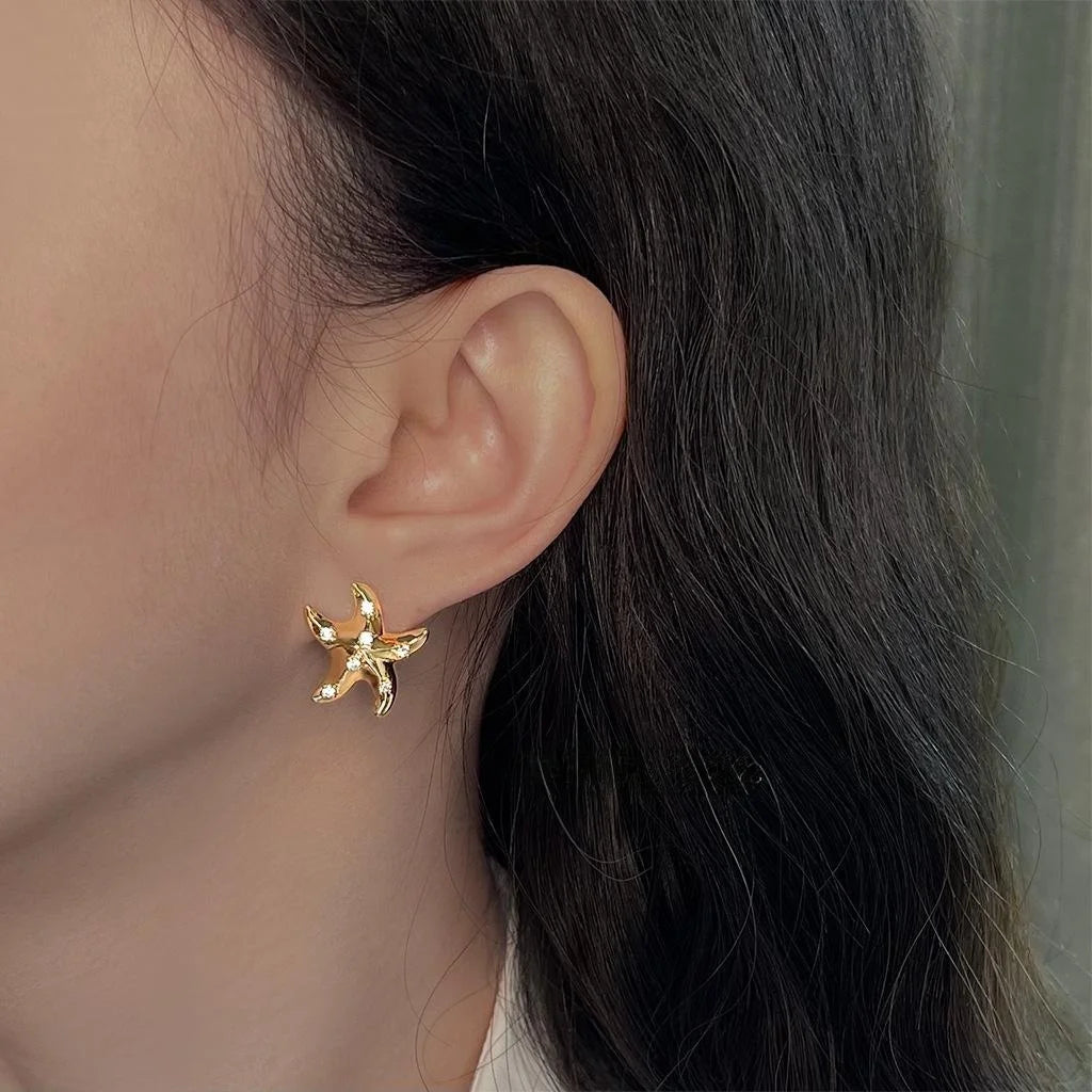 14K Gold Plated Copper Starfish Stud Earrings With Micro Pave Zircon Ocean Luxury Style