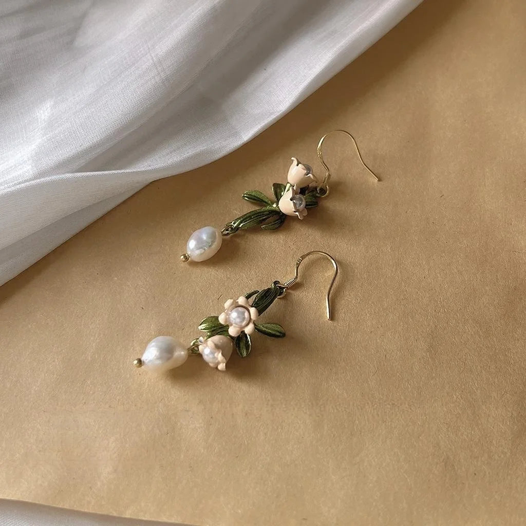 Freshwater Pearl Silver Plated Lily Of The Valley Asymmetric Drop Earrings French Handmade Jewelry