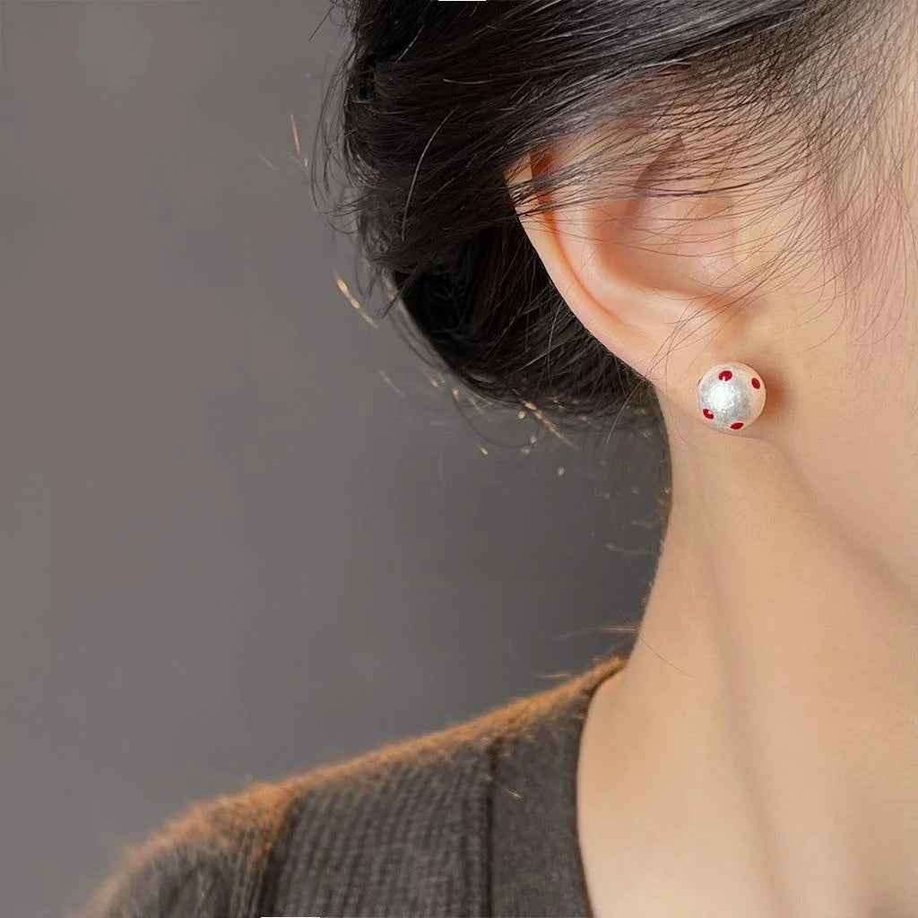 Minimalist French Polka Dot Cotton Pearl Stud Earrings Copper Round Geometric Jewelry