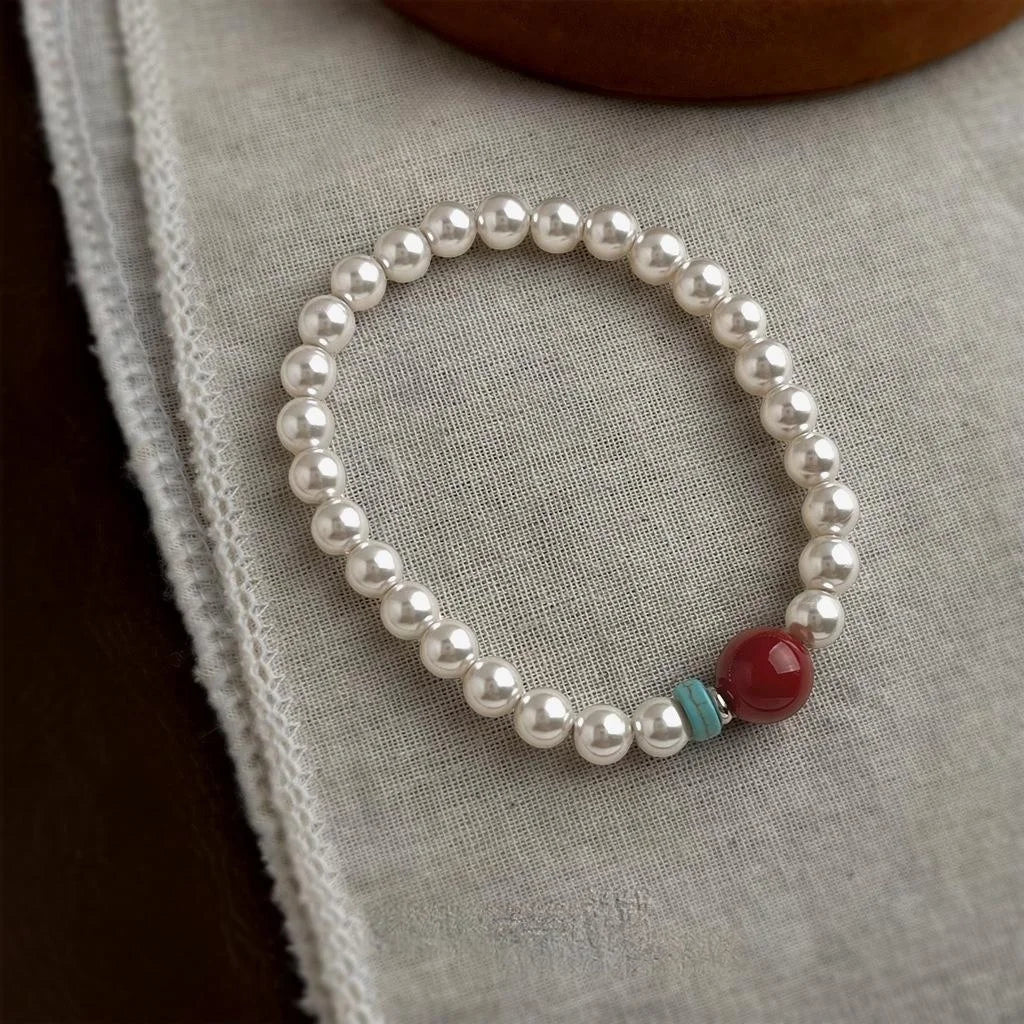New Chinese Style Glass Pearl And Red Agate Geometric Ring Bracelet For Women